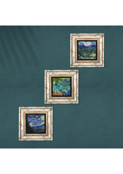 Van Gogh Zeytin Ağaçları, İrisler, Yıldızlı Gece Taş Duvar Tablosu Çerçeveli Duvar Dekoru 3 Parça Tablo Seti Wall Art T3-572