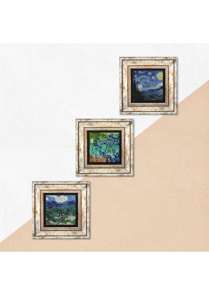 Van Gogh Zeytin Ağaçları, İrisler, Yıldızlı Gece Taş Duvar Tablosu Çerçeveli Duvar Dekoru 3 Parça Tablo Seti Wall Art T3-572