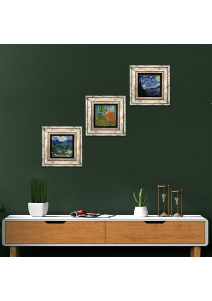 Van Gogh Zeytin Ağaçları,ki Yatak Odası, Yıldızlı Gece Çerçeveli Taş Duvar Tablosu 3’lü Set - Dekoratif Modern Sanat, Ev ve Ofis Dekoru |TK3-579|