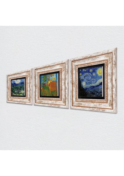 Van Gogh Zeytin Ağaçları,ki Yatak Odası, Yıldızlı Gece Çerçeveli Taş Duvar Tablosu 3’lü Set - Dekoratif Modern Sanat, Ev ve Ofis Dekoru |TK3-579| fiyatları
