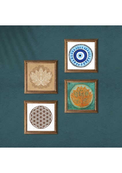 Nazar, Lotus Çiçeği, Yaşam Çiçeği Taş Duvar Tablosu Ahşap Çerçeveli Duvar Dekoru 4 Parça Tablo Seti Wall Art W4-1001
