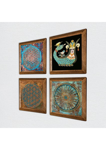Yaşam Çiçeği, Şahmeran Taş Duvar Tablosu Ahşap Çerçeveli Duvar Dekoru 4 Parça Tablo Seti Wall Art W4-475