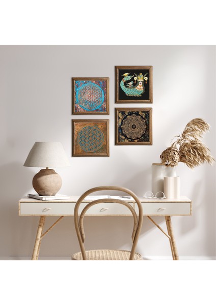 Sri Yantra, Yaşam Çiçeği, Şahmeran Ahşap Çerçeveli Taş Duvar Tablosu 4’lü Set – 25x25 cm Dekoratif Modern Sanat – Ev ve Ofis Dekoru |W4-478|