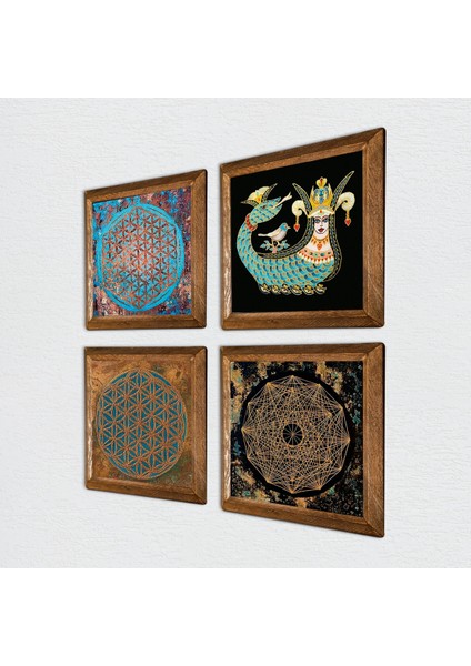 Sri Yantra, Yaşam Çiçeği, Şahmeran Ahşap Çerçeveli Taş Duvar Tablosu 4’lü Set – 25x25 cm Dekoratif Modern Sanat – Ev ve Ofis Dekoru |W4-478| fiyatları