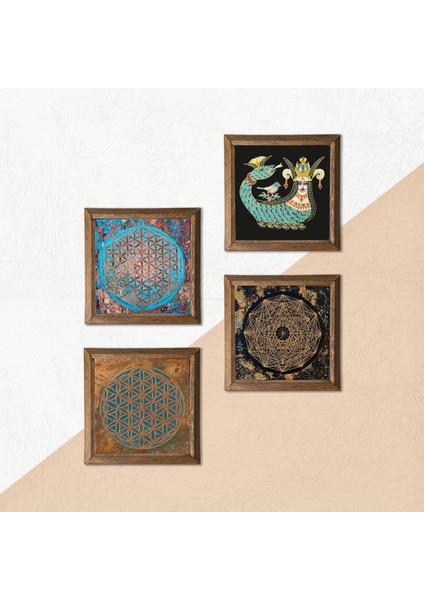 Sri Yantra, Yaşam Çiçeği, Şahmeran Ahşap Çerçeveli Taş Duvar Tablosu 4’lü Set – 25x25 cm Dekoratif Modern Sanat – Ev ve Ofis Dekoru |W4-478| indirimleri