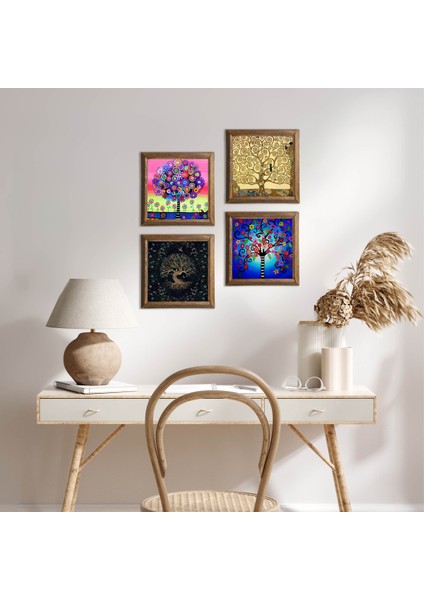 Stone Hayat Ağacı Ahşap Çerçeveli Taş Duvar Tablosu 4’lü Set – 25x25 cm Dekoratif Modern Sanat – Ev ve Ofis Dekoru |W4-659|