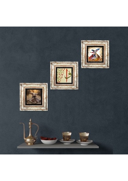 Elif-Vav, Semazen Taş Duvar Tablosu Çerçeveli Duvar Dekoru 3 Parça Tablo Seti Wall Art T3-220