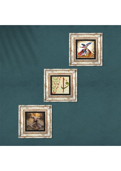 Elif-Vav, Semazen Taş Duvar Tablosu Çerçeveli Duvar Dekoru 3 Parça Tablo Seti Wall Art T3-220