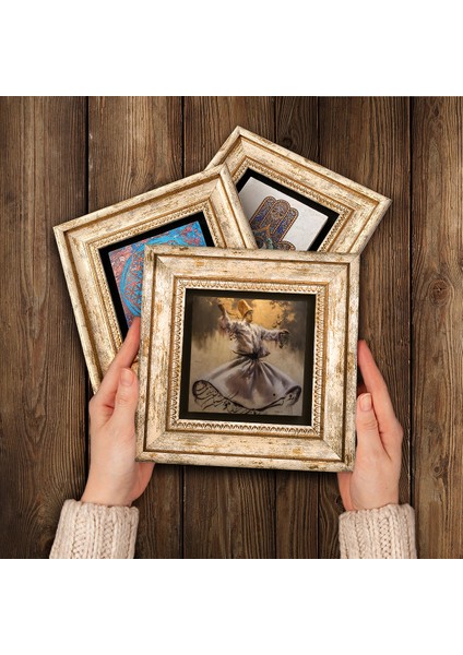 Elif-Vav, Semazen Taş Duvar Tablosu Çerçeveli Duvar Dekoru 3 Parça Tablo Seti Wall Art T3-220