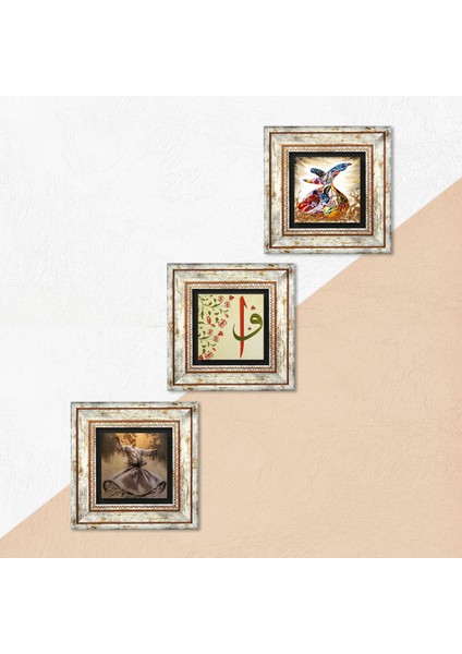 Elif-Vav, Semazen Taş Duvar Tablosu Çerçeveli Duvar Dekoru 3 Parça Tablo Seti Wall Art T3-220