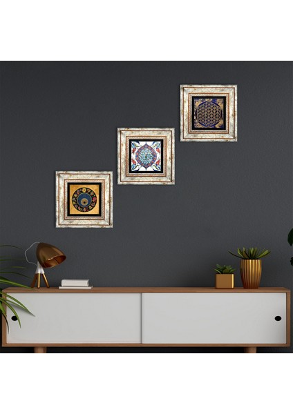 Yaşam Çiçeği, Nazar Boncuğu, Çini Sanatı Taş Duvar Tablosu Çerçeveli Duvar Dekoru 3 Parça Tablo Seti Wall Art T3-355