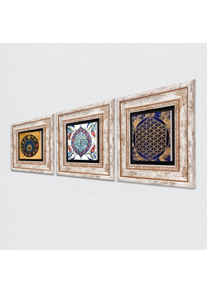 Yaşam Çiçeği, Nazar Boncuğu, Çini Sanatı Taş Duvar Tablosu Çerçeveli Duvar Dekoru 3 Parça Tablo Seti Wall Art T3-355 fiyatları