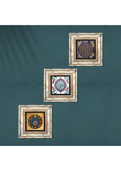 Yaşam Çiçeği, Nazar Boncuğu, Çini Sanatı Taş Duvar Tablosu Çerçeveli Duvar Dekoru 3 Parça Tablo Seti Wall Art T3-355 fırsatları