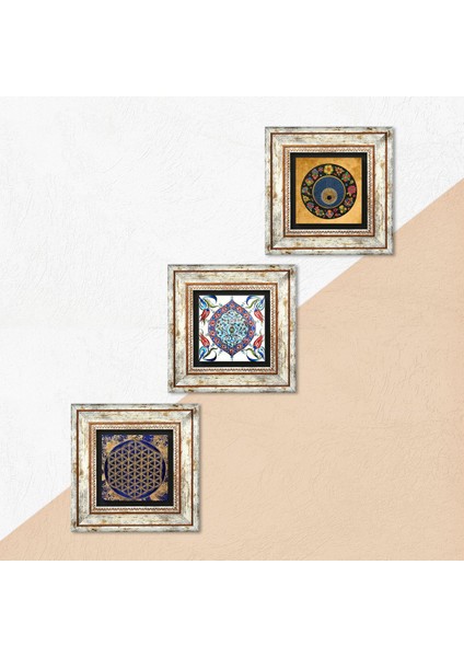 Yaşam Çiçeği, Nazar Boncuğu, Çini Sanatı Taş Duvar Tablosu Çerçeveli Duvar Dekoru 3 Parça Tablo Seti Wall Art T3-355 indirimleri