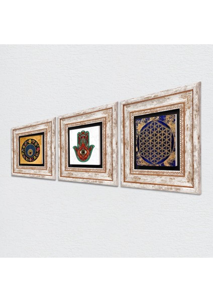 Yaşam Çiçeği, Fatma Ana Eli (Hamsa), Nazar Taş Duvar Tablosu Çerçeveli Duvar Dekoru 3 Parça Tablo Seti Wall Art T3-363 fiyatları