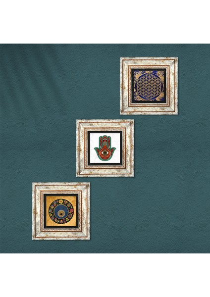 Yaşam Çiçeği, Fatma Ana Eli (Hamsa), Nazar Taş Duvar Tablosu Çerçeveli Duvar Dekoru 3 Parça Tablo Seti Wall Art T3-363 fırsatları
