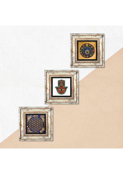 Yaşam Çiçeği, Fatma Ana Eli (Hamsa), Nazar Taş Duvar Tablosu Çerçeveli Duvar Dekoru 3 Parça Tablo Seti Wall Art T3-363 indirimleri