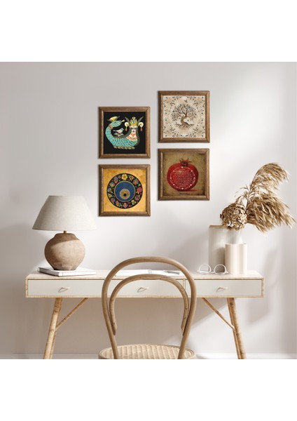 Nazar, Bereket Duası, Şahmeran, Hayat Ağacı Ahşap Çerçeveli Taş Duvar Tablosu 4’lü Set – 25x25 cm Dekoratif Modern Sanat – Ev ve Ofis Dekoru |W4-90|