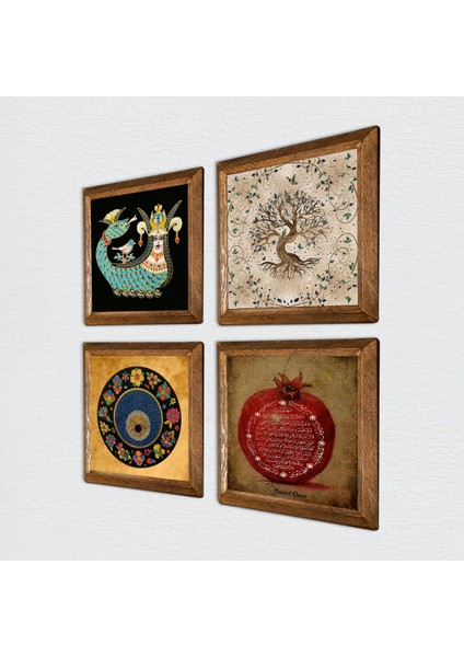Nazar, Bereket Duası, Şahmeran, Hayat Ağacı Ahşap Çerçeveli Taş Duvar Tablosu 4’lü Set – 25x25 cm Dekoratif Modern Sanat – Ev ve Ofis Dekoru |W4-90| fiyatları
