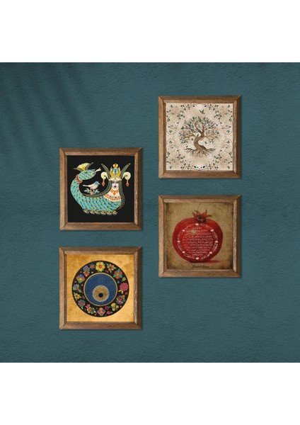 Nazar, Bereket Duası, Şahmeran, Hayat Ağacı Ahşap Çerçeveli Taş Duvar Tablosu 4’lü Set – 25x25 cm Dekoratif Modern Sanat – Ev ve Ofis Dekoru |W4-90| modelleri
