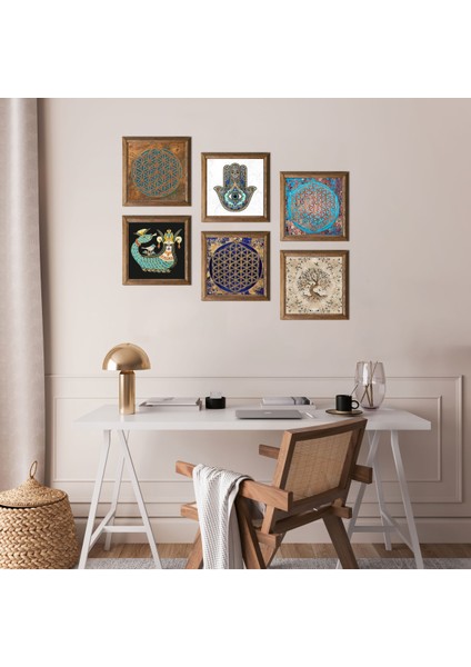 Yaşam Çiçeği, Şahmeran, Hayat Ağacı, Fatma Ana Eli (Hamsa) Taş Duvar Tablosu Ahşap Çerçeveli Duvar Dekoru 6 Parça Tablo Seti Wall Art W6-50