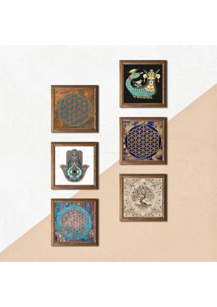 Yaşam Çiçeği, Şahmeran, Hayat Ağacı, Fatma Ana Eli (Hamsa) Taş Duvar Tablosu Ahşap Çerçeveli Duvar Dekoru 6 Parça Tablo Seti Wall Art W6-50