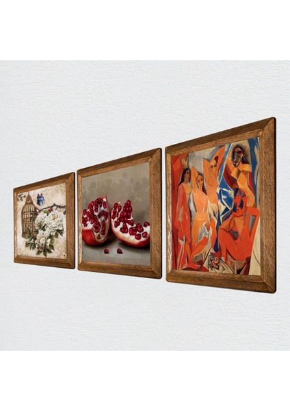 Picasso Avignonlu Kızlar, Kelebekli Çiçek, Nar Taş Duvar Tablosu Ahşap Çerçeveli Duvar Dekoru 3 Parça Tablo Seti Wall Art W3-1118 fiyatları