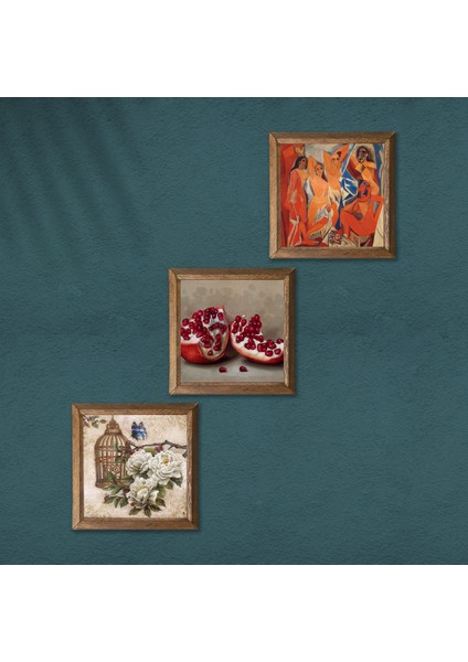 Picasso Avignonlu Kızlar, Kelebekli Çiçek, Nar Taş Duvar Tablosu Ahşap Çerçeveli Duvar Dekoru 3 Parça Tablo Seti Wall Art W3-1118 modelleri
