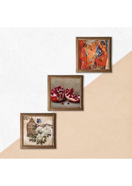 Picasso Avignonlu Kızlar, Kelebekli Çiçek, Nar Taş Duvar Tablosu Ahşap Çerçeveli Duvar Dekoru 3 Parça Tablo Seti Wall Art W3-1118 indirimleri