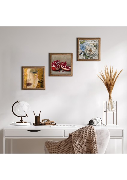 Gustav Klimt Altın Gözyaşları, Kelebekli Çiçek, Nar Taş Duvar Tablosu Ahşap Çerçeveli Duvar Dekoru 3 Parça Tablo Seti Wall Art W3-1134