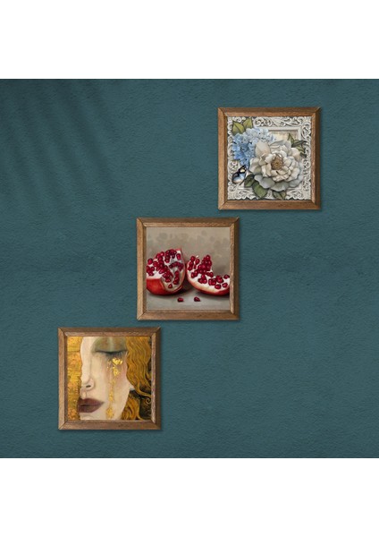 Gustav Klimt Altın Gözyaşları, Kelebekli Çiçek, Nar Taş Duvar Tablosu Ahşap Çerçeveli Duvar Dekoru 3 Parça Tablo Seti Wall Art W3-1134