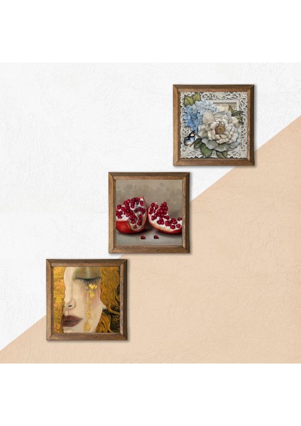 Gustav Klimt Altın Gözyaşları, Kelebekli Çiçek, Nar Taş Duvar Tablosu Ahşap Çerçeveli Duvar Dekoru 3 Parça Tablo Seti Wall Art W3-1134
