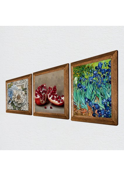 Van Gogh İrisler, Kelebekli Çiçek, Nar Taş Duvar Tablosu Ahşap Çerçeveli Duvar Dekoru 3 Parça Tablo Seti Wall Art W3-1139 fiyatları