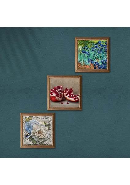 Van Gogh İrisler, Kelebekli Çiçek, Nar Taş Duvar Tablosu Ahşap Çerçeveli Duvar Dekoru 3 Parça Tablo Seti Wall Art W3-1139 modelleri