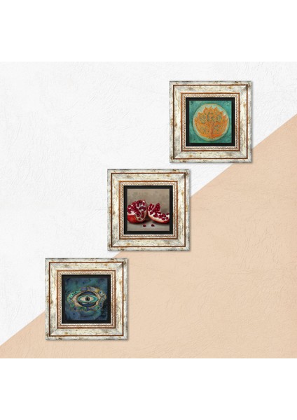 Nazar, Lotus Çiçeği, Nar Çerçeveli Taş Duvar Tablosu 3’lü Set - Dekoratif Modern Sanat, Ev ve Ofis Dekoru |TK3-1671| indirimleri