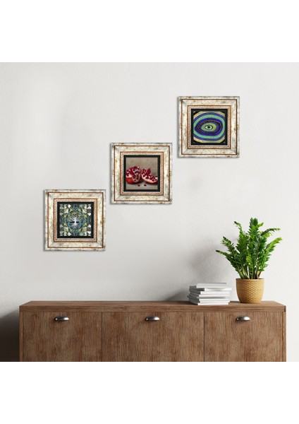 Hayat Ağacı, Nazar, Nar Çerçeveli Taş Duvar Tablosu 3’lü Set - Dekoratif Modern Sanat, Ev ve Ofis Dekoru |TK3-1676|