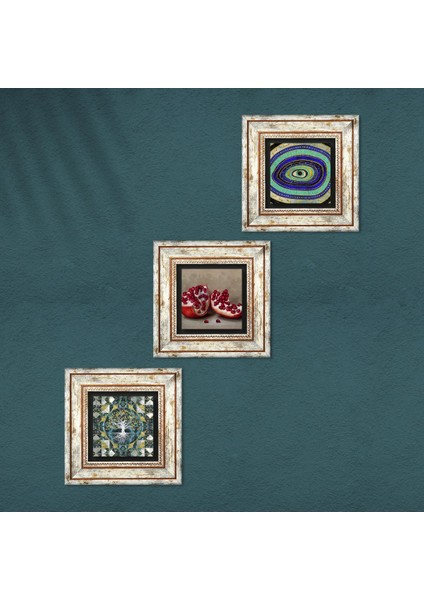 Hayat Ağacı, Nazar, Nar Çerçeveli Taş Duvar Tablosu 3’lü Set - Dekoratif Modern Sanat, Ev ve Ofis Dekoru |TK3-1676| fırsatları