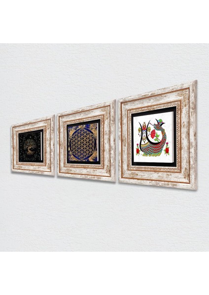 Yaşam Çiçeği, Şahmeran, Hayat Ağacı Çerçeveli Taş Duvar Tablosu 3’lü Set - Dekoratif Modern Sanat, Ev ve Ofis Dekoru |TK3-169| fiyatları