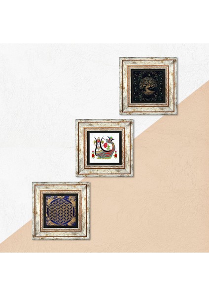 Yaşam Çiçeği, Şahmeran, Hayat Ağacı Çerçeveli Taş Duvar Tablosu 3’lü Set - Dekoratif Modern Sanat, Ev ve Ofis Dekoru |TK3-169| indirimleri