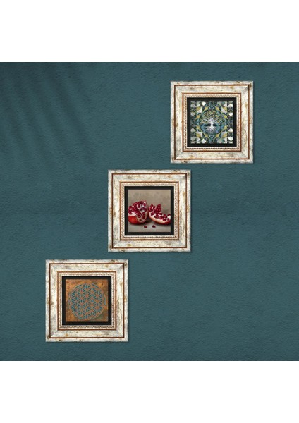Yaşam Çiçeği, Hayat Ağacı, Nar Taş Duvar Tablosu Çerçeveli Duvar Dekoru 3 Parça Tablo Seti Wall Art T3-1699 fırsatları