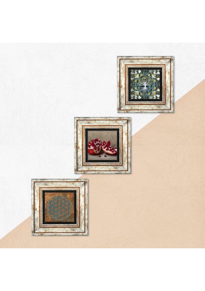 Yaşam Çiçeği, Hayat Ağacı, Nar Taş Duvar Tablosu Çerçeveli Duvar Dekoru 3 Parça Tablo Seti Wall Art T3-1699 indirimleri