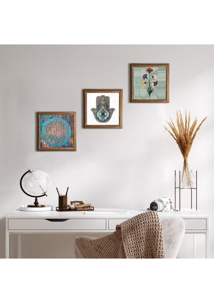 Ebru Sanatı, Yaşam Çiçeği, Fatma Ana Eli (Hamsa) Taş Duvar Tablosu Ahşap Çerçeveli Duvar Dekoru 3 Parça Tablo Seti Wall Art W3-330