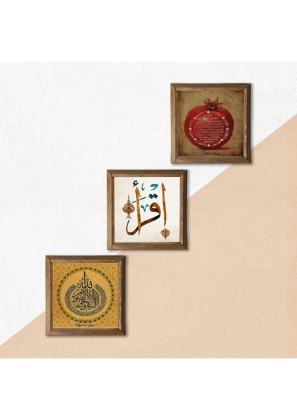 Ayet-el Kürsi, İlk Ayet 'Oku', Bereket Duası Taş Duvar Tablosu Ahşap Çerçeveli Duvar Dekoru 3 Parça Tablo Seti Wall Art W3-339