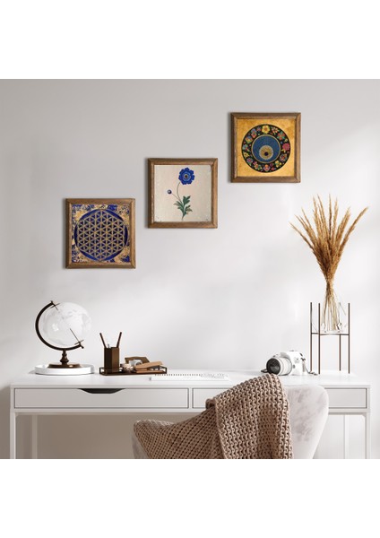 Yaşam Çiçeği, Ebru Sanatı, Nazar Taş Duvar Tablosu Ahşap Çerçeveli Duvar Dekoru 3 Parça Tablo Seti Wall Art W3-361