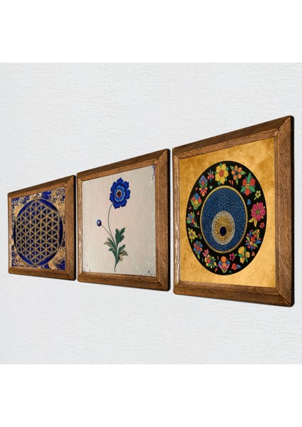 Yaşam Çiçeği, Ebru Sanatı, Nazar Taş Duvar Tablosu Ahşap Çerçeveli Duvar Dekoru 3 Parça Tablo Seti Wall Art W3-361