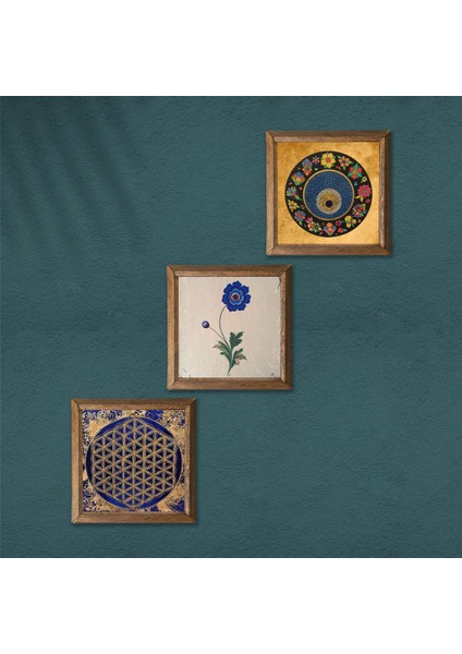 Yaşam Çiçeği, Ebru Sanatı, Nazar Taş Duvar Tablosu Ahşap Çerçeveli Duvar Dekoru 3 Parça Tablo Seti Wall Art W3-361