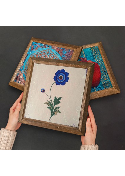 Yaşam Çiçeği, Ebru Sanatı, Nazar Taş Duvar Tablosu Ahşap Çerçeveli Duvar Dekoru 3 Parça Tablo Seti Wall Art W3-361