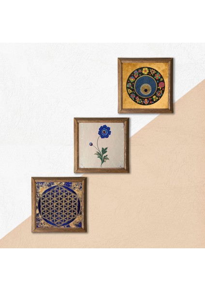 Yaşam Çiçeği, Ebru Sanatı, Nazar Taş Duvar Tablosu Ahşap Çerçeveli Duvar Dekoru 3 Parça Tablo Seti Wall Art W3-361