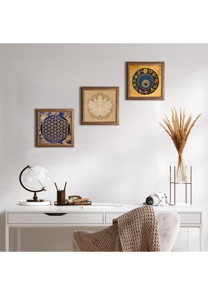 Lotus Çiçeği, Yaşam Çiçeği, Nazar Taş Duvar Tablosu Ahşap Çerçeveli Duvar Dekoru 3 Parça Tablo Seti Wall Art W3-368