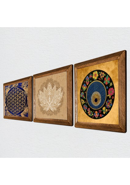 Lotus Çiçeği, Yaşam Çiçeği, Nazar Taş Duvar Tablosu Ahşap Çerçeveli Duvar Dekoru 3 Parça Tablo Seti Wall Art W3-368 fiyatları